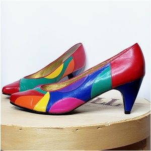 Vintage rainbow color block pumps
